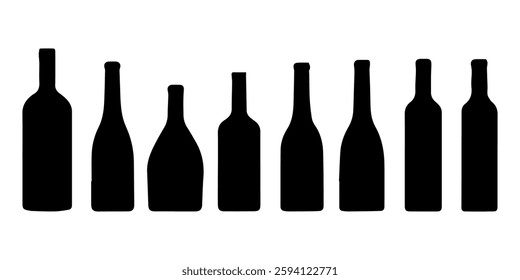 Set of bottles with alcohol. Black silhouette of a vessel for various types of drinks. Black illustration on transparent background