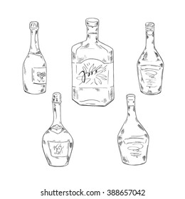 Set of bottles with alcohol drinks on white background. Cartoon sketch drawn by ink. Hand drawn vector illustration.