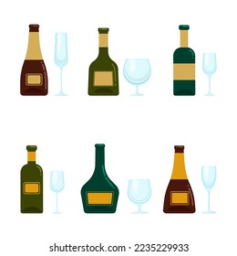 Un conjunto de botellas con alcohol y varios vasos. Objetos vectoriales de estilo plano, aislados. Bebidas alcohólicas y gafas de cristal.