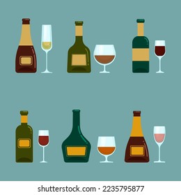 A set of bottles with alcohol and various glasses. Vector objects in flat style, isolated. Alcoholic drinks and crystal glasses.