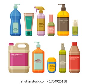 Set of bottles with antiseptic and hand sanitizer. Washing gel and spray. Personal protective equipment during epidemic. Vector illustration