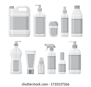 Set of bottles with antiseptic and hand sanitizer. Washing gel and spray. Personal protective equipment during epidemic. Mockup containers for liquids. Vector illustration