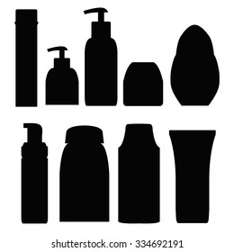 Set of bottles for the bath. Shower gel, Shampoo, cream, Soap. Cosmetics. Personal hygiene. Black silhouette. Isolated on white background. Vector illustration.