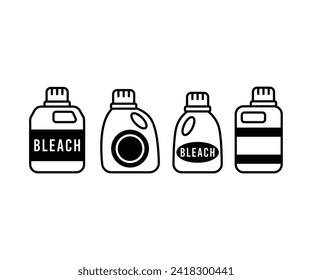 set of bottles bleach laundry softener, cleaner, detergent icons simple vector black white illustrations design 