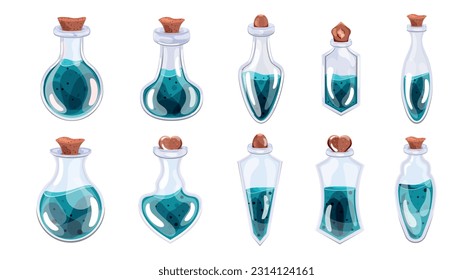 Conjunto de botellas con poción azul y tapón al estilo de dibujos animados. aislado. Ilustración de material vectorial. Elementos para juegos. Fondo blanco. Cuentos de hadas. Halloween y festividades. belleza y moda