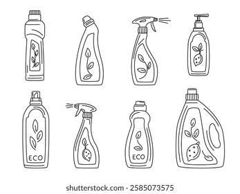 Set of Bottles and canisters of Eco-friendly Green detergent product for different surfaces in kitchen, bathroom and other rooms. Spring cleaning. Zero waste lifestyle, Green home concept. 