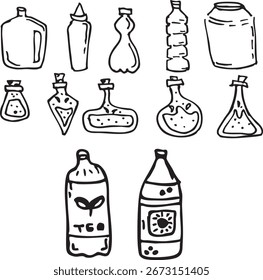 Un juego de botellas, latas. Ilustración vectorial. Dibujo de Doodle