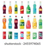 Set of bottles with carbonated soft drinks. Refreshing sweet water. Beautiful colored drinks in a supermarket. Vector illustration