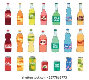 Set of bottles with carbonated soft drinks. Refreshing sweet water. Beautiful colored drinks in a supermarket. Vector illustration