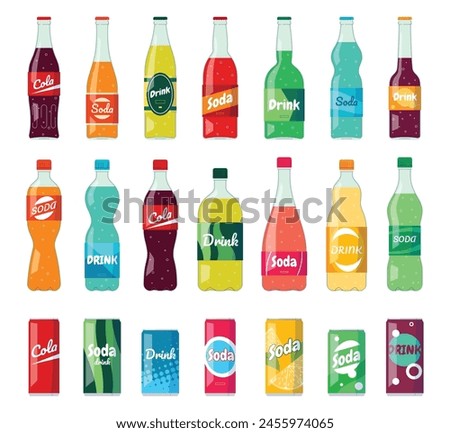 Set of bottles with carbonated soft drinks. Refreshing sweet water. Beautiful colored drinks in a supermarket. Vector illustration