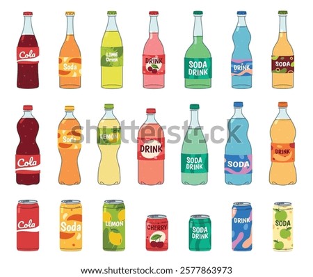 Set of bottles with carbonated soft drinks. Refreshing sweet water. Beautiful colored drinks in a supermarket. Vector illustration