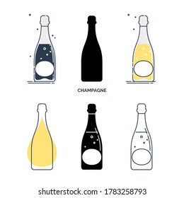 Set of bottles with champagne in different styles. alcohol beverage for template for restaurant, bar, pub. Symbol party. Collection of bottles. Isolated flat illustration on white background. Vector.