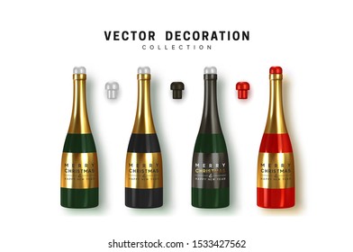 Set of bottles of champagne, sparkling wine. Realistic bottles with cork, color red, black, dark green. Isolated on white background. vector illustration