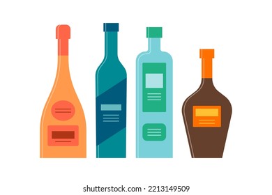 Set bottles of champagne, vodka, champagne, balsam great design for any purposes. Icon bottle with cap and label. Flat style. Color form. Party drink concept. Simple image shape. Vector.
