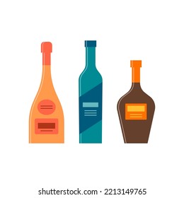 Ponga botellas de champán vodka brandy. Frasco de icono con tapa y etiqueta. Gran diseño para cualquier propósito. Estilo plano. Forma de color. El concepto de la bebida de fiesta. Forma de imagen simple. Vector.
