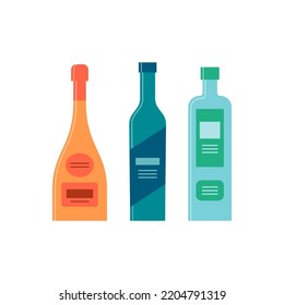 Set bottles of champagne vodka gin. Icon bottle with cap and label. Great design for any purposes. Flat style. Color form. Party drink concept. Simple image shape. Vector.
