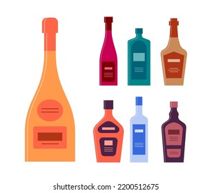 Set bottles of champagne wine gin whiskey liquor vodka balsam. Icon bottle with cap and label. Graphic design for any purposes. Flat style. Color form. Party drink concept. Simple image shape. Vector
