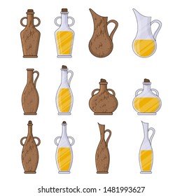 Set of bottles and clay jugs with olive oil in cartoon style. Vector illustration for design, web and decor for the festival of olives.