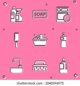 Set Bottles for cleaning agent, Bar of soap, Kitchen dishwasher machine, Adhesive roller, Plastic basin with suds, Dishwashing liquid bottle, Washbasin water tap and Brush icon. Vector