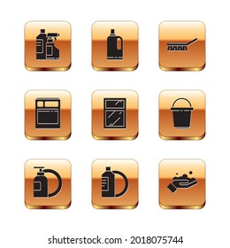 Set Botellas para agente de limpieza, Frasco y plato líquido lavavajillas, Ventanas de servicio de limpieza, Lavadora de cocina, Cepillo, Lavadora de manos con icono de suavizador de jabón y tela. Vector