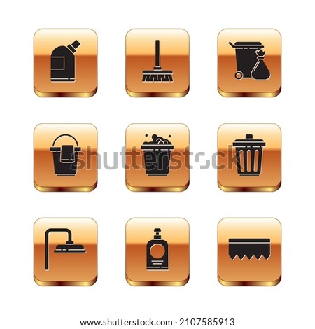 Set Bottles for cleaning agent, Shower head, Hand sanitizer bottle, Bucket with soap suds, rag, Trash can garbage bag, Sponge bubbles and Handle broom icon. Vector