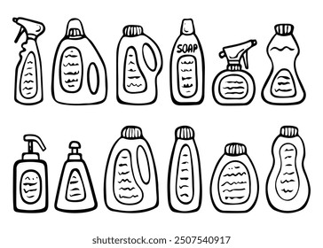 Set of bottles of cleaning and detergents hand drawn doodle. Laundry room. House cleaning. Washing powder, conditioner, soap, shampoo, spray. Vector outline line art illustration.