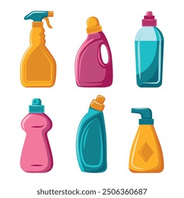 Un conjunto de botellas con productos de limpieza de diferentes colores y Formas