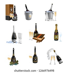 Set of bottles with closed and opened champagne