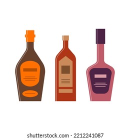 Set bottles of cognac, balsam, liquor. Great design for any purposes. Icon bottle with cap and label. Flat style. Color form. Party drink concept. Simple image shape. Vector.

