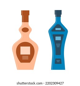 Set bottles of cognac and gin or vodka great design for any purposes. Icon bottle with cap and label. Flat style. Color form. Party drink concept. Simple image shape. Vector.
