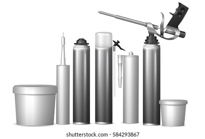 Set with bottles with construction foam, sealant, glue. Mock Up template bottles with building materials for design. Vector  illustration