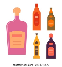 Set bottles of cream balsam brandy beer liquor. Icon bottle with cap and label. Graphic design for any purposes. Flat style. Color form. Party drink concept. Simple image shape. Vector.