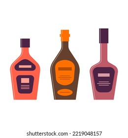 Set Bottles Of Cream Brandy Liquor. Icon Bottle With Cap And Label. Great Design For Any Purposes. Flat Style. Color Form. Party Drink Concept. Simple Image Shape. Vector.
