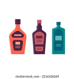 Set bottles of cream liquor gin. Icon bottle with cap and label. Great design for any purposes. Flat style. Color form. Party drink concept. Simple image shape. Vector.