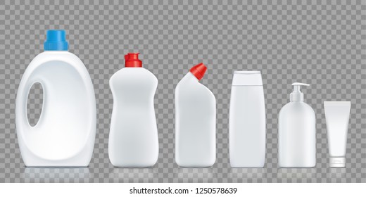 Set bottles with detergent, soap, washing powder, cream. Isolated on a transparent background. Vector illustration.