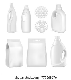 A set of bottles of detergents for washing. Blank plastic bottle for laundry detergent. Vector bottle for your design. Realistic vector image.