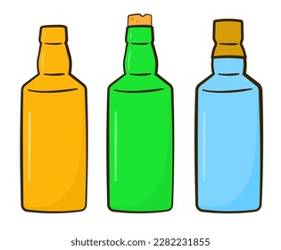 Set of bottles in different colors. Cartoon. Vector illustration. Isolated on white background