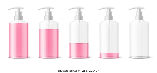 Set bottles with different liquid levels. Realistic isolated elements. Transparent plastic container with dispenser for soap, or shampoo, lotion full and empty packaging, vector concept