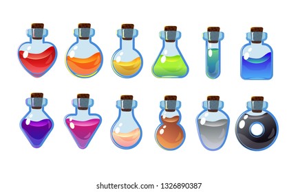 Set bottles with different potions. Game interface illustration.