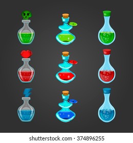 Set bottles with different potions. Game interface illustration.