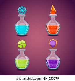 Set bottles with different potions. Game interface illustration.