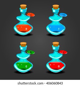 Set bottles with different potions. Game interface illustration.