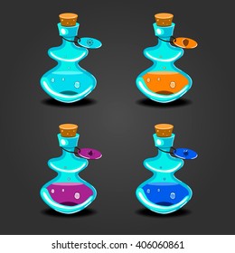 Set bottles with different potions. Game interface illustration.