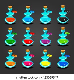 Set bottles with different potions. Game interface illustration.