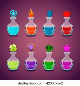 Set bottles with different potions. Game interface illustration.