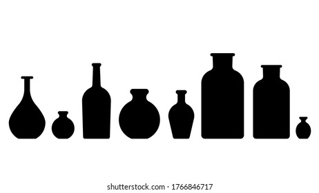 A set of bottles of different shapes. Jars, bottles, vases, jugs. Silhouettes and templates of different shapes.