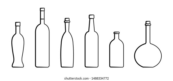 Set Of Bottles Of Different Shapes With A Narrow Neck. Glass Bottles For Various Drinks; Different Liquids. Vector Image Isolated On A White Background.
