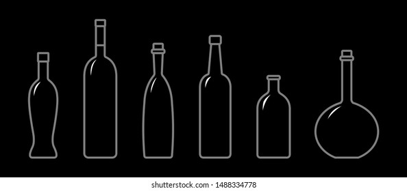 Set Of Bottles Of Different Shapes With A Narrow Neck. Glass Bottles For Various Drinks; Different Liquids. Vector Image On A Black Background.