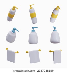 Set of bottles with dispenser and handle towels in different positions. Different cosmetics for body care. Vector illustration in 3d style with yellow and blue elements