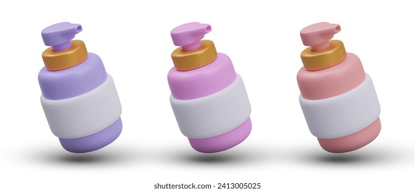 Set of bottles with dispensers of different colors. Pumps for liquid cosmetics. Mockups of plastic containers with blank white labels. Realistic objects, angled view